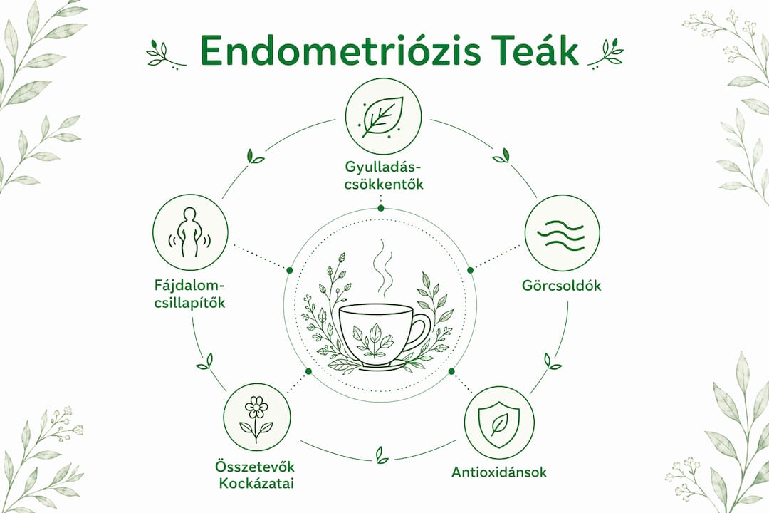 Endometriózis tea: mely gyógynövények segíthetnek? Gyógynövények és hatásaik – áttekintő infografika
