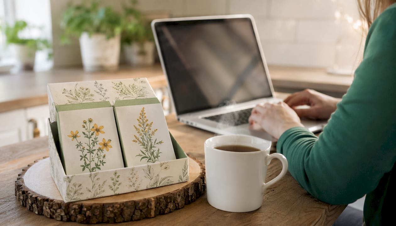Legjobb tea PMS-re: melyik variánst válaszd? Egy faasztalon, a laptop mellett női teakülönlegességek csomagjai sorakoznak.
