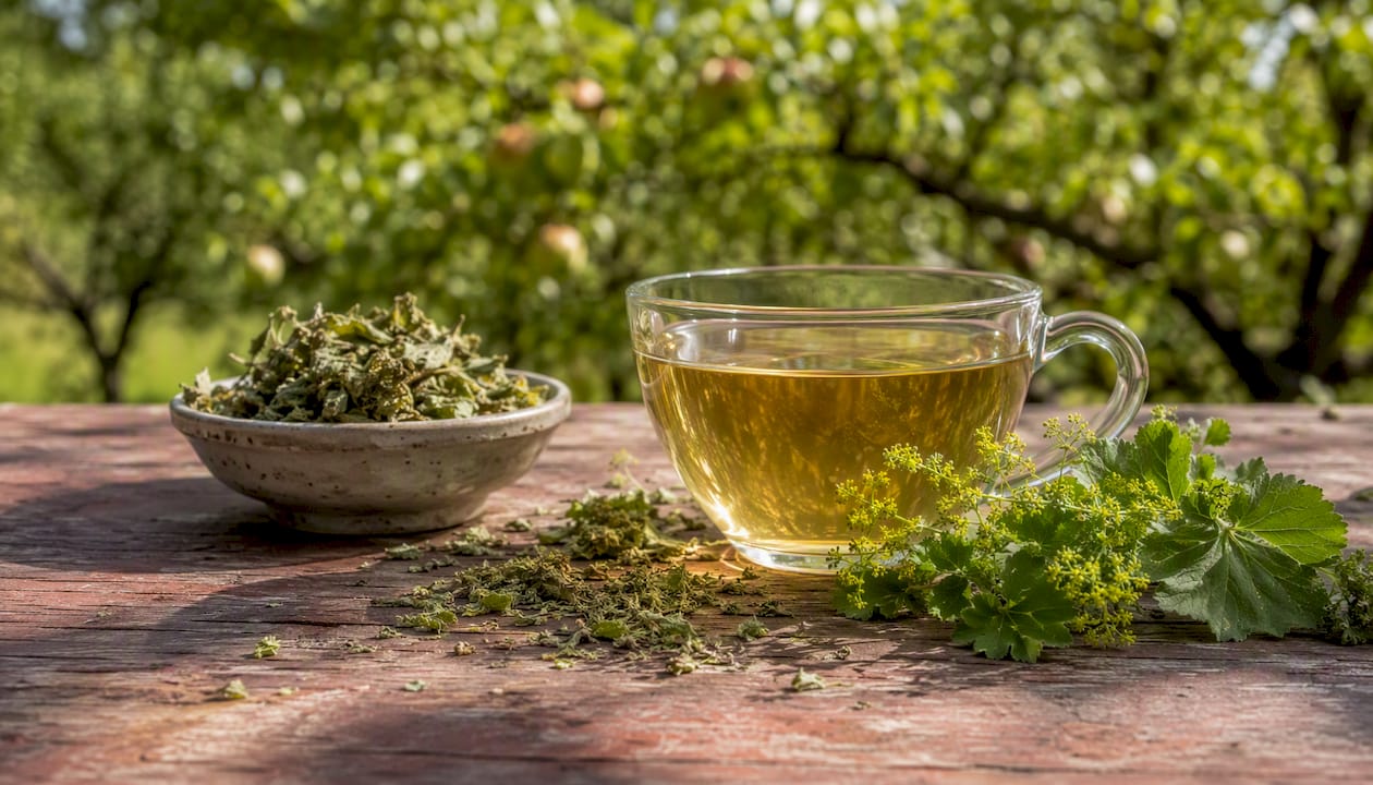Menstruációs görcs tea: 10 gyógynövény, ami tényleg segít Üvegcsészében friss levelekkel díszített palástfűtea