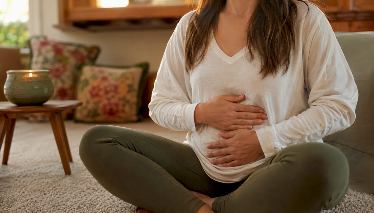 PMDD természetes kezelés: bizonyítékon alapuló útmutató Nő tudatos hasi légzőgyakorlatot végez