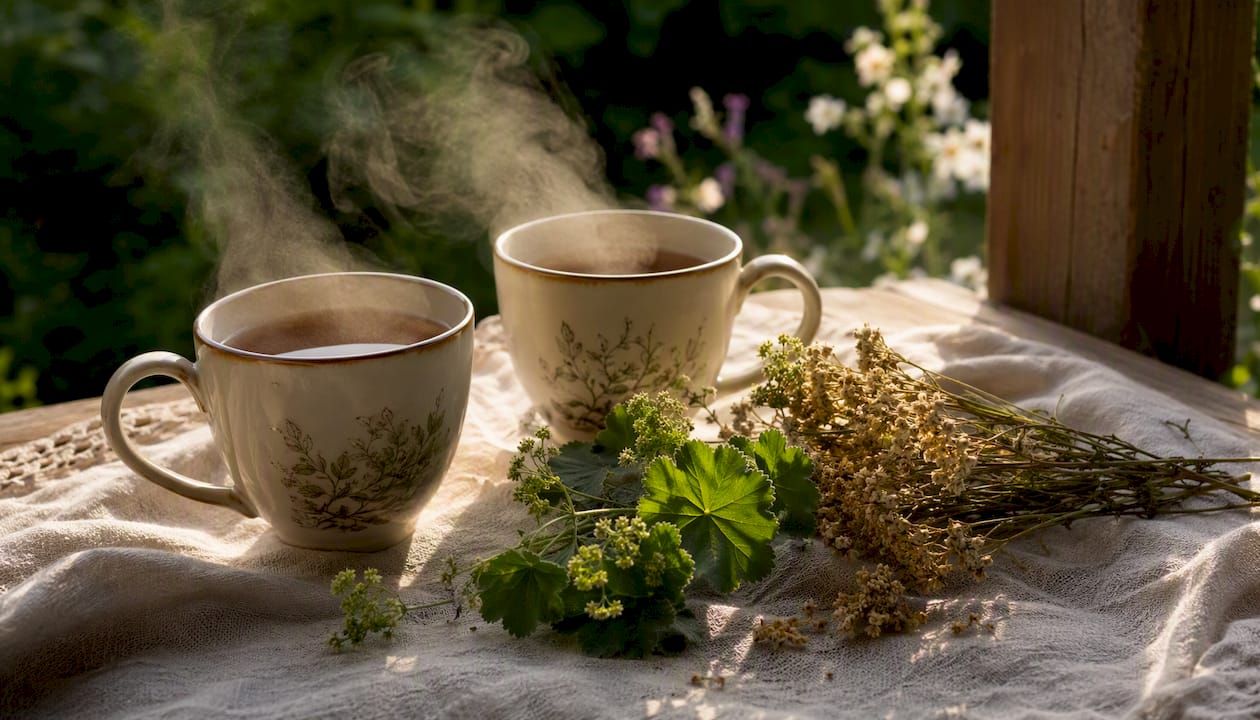 Segíthet-e a tea, ha kimarad az ovuláció? Két csésze forró, gőzölgő gyógytea, friss gyógynövényekkel.