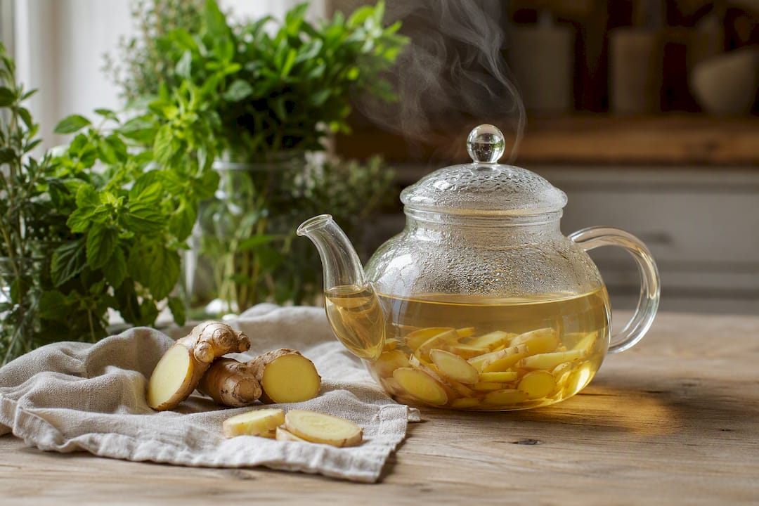 Segít-e a tea a menstruációs puffadás ellen? Egy üveg teáskannában friss gyömbérszeletek áznak, illatukkal betöltve a konyhát.