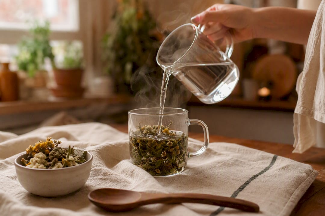 Méhgyulladás tea: mikor segít és mikor kell orvoshoz menni Kéz forró vizet önt a gyógytea csészébe