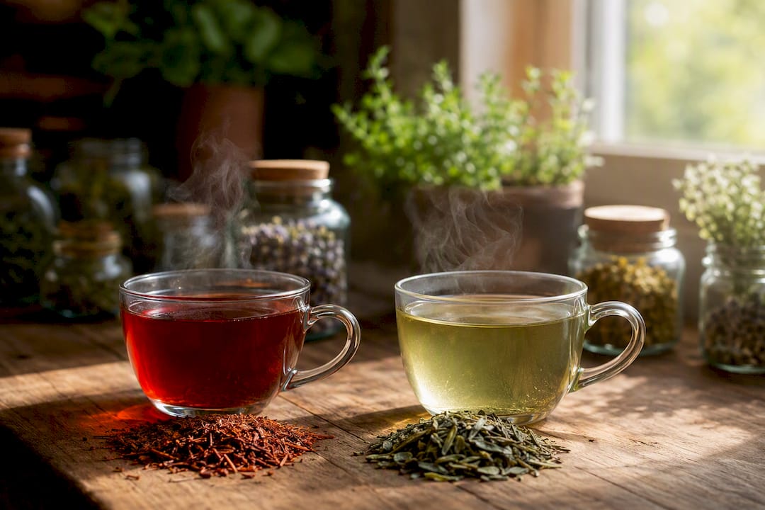 Endometriózis diéta és tea: mit segít valóban enyhíteni? Két csésze rooibos és zöld tea levelekkel
